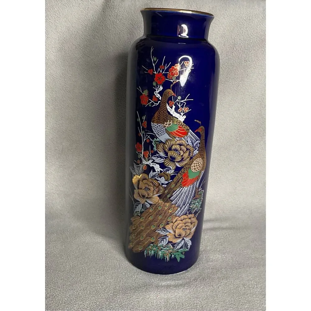 Vintage Interpur Cobalt Blue Peacock Oriental Vase 22KGoldTrim 10.5